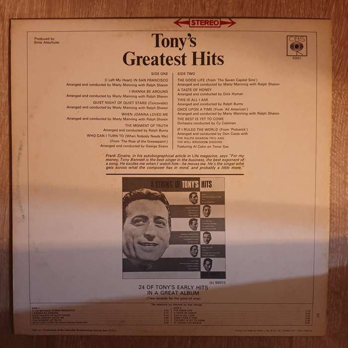 Tony Bennett  Tony's Greatest Hits - Vinyl Record - Very-Good+ Quality (VG+)