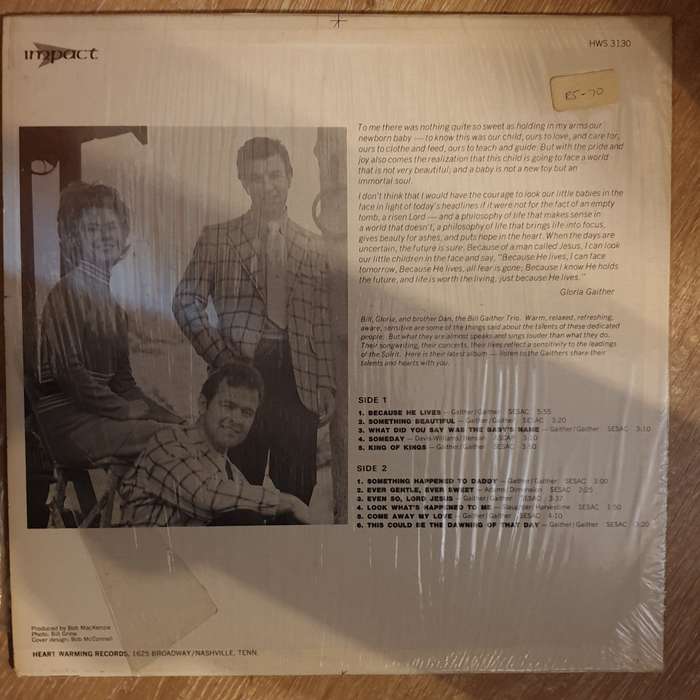 The Bill Gaither Trio  Because He Lives -  Vinyl LP Record - Very-Good+ Quality (VG+)