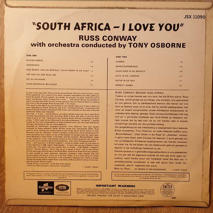 Russ Conway - South Africa - I Love You  - With Tony Osborne - Vinyl LP Record - Opened  - Very-G...