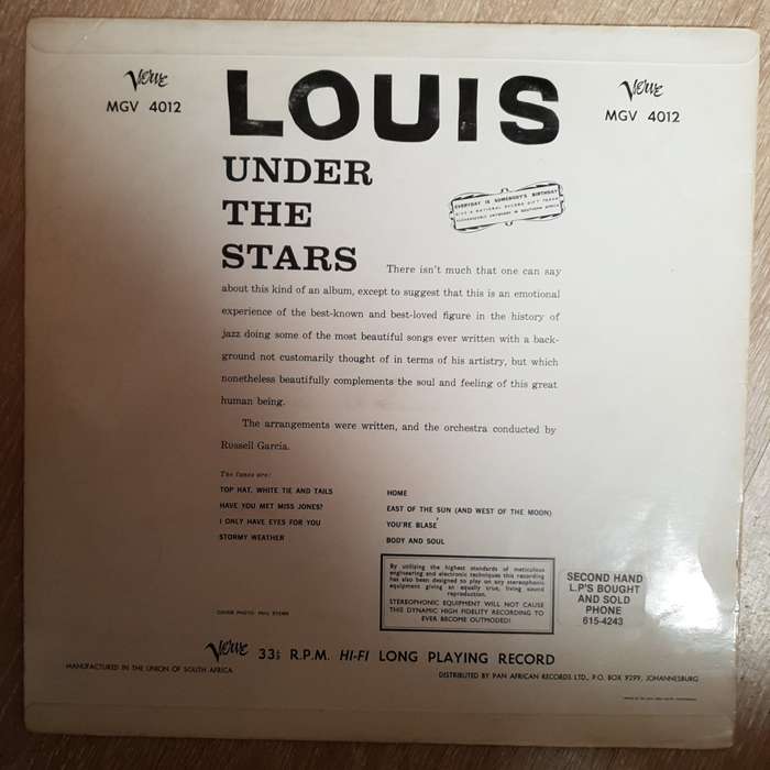 Louis Armstrong  Under The Stars -  Vinyl LP Record - Very-Good+ Quality (VG+)