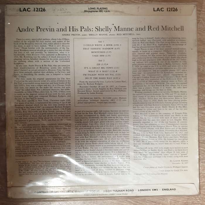 André Previn & His Pals  Modern Jazz Performances Of Songs From Pal Joey- Vinyl LP Record ...