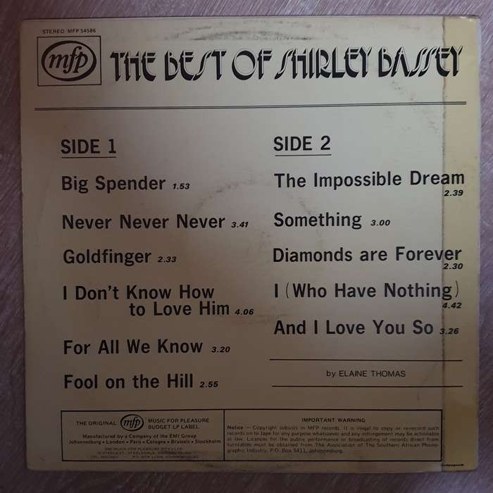 The Best Of Shirley Bassey - MFP - Vinyl LP Record - Opened  - Very-Good+ Quality (VG+)