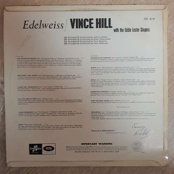 Vince Hill  Edelweiss - Vinyl LP Record - Opened  - Very-Good+ Quality (VG+)