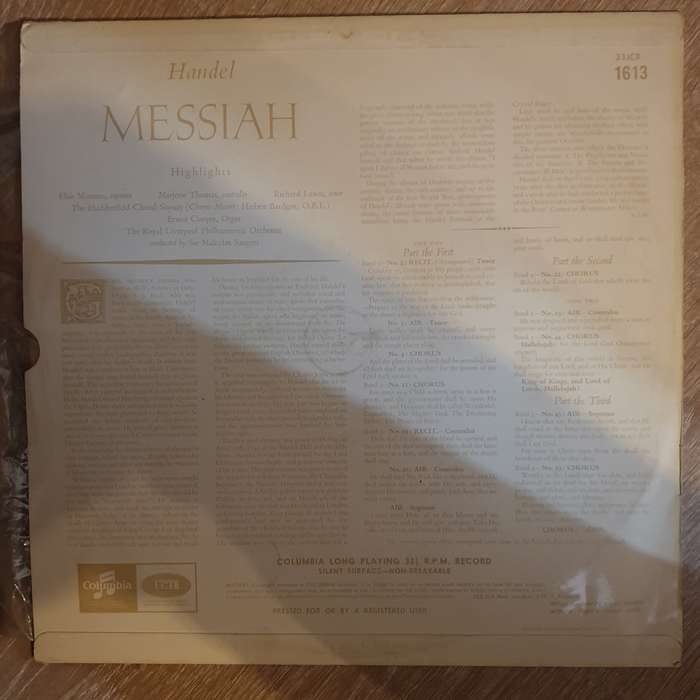Handel - Messiah  - Highlights - Sir Malcolm Sargent   Vinyl LP Record - Opened  - Very-Goo...