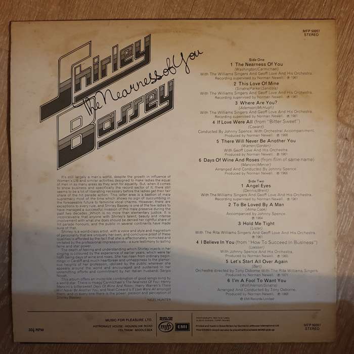 Shirley Bassey  The Nearness Of You -  Vinyl LP Record - Opened  - Very-Good+ Quality (VG+)