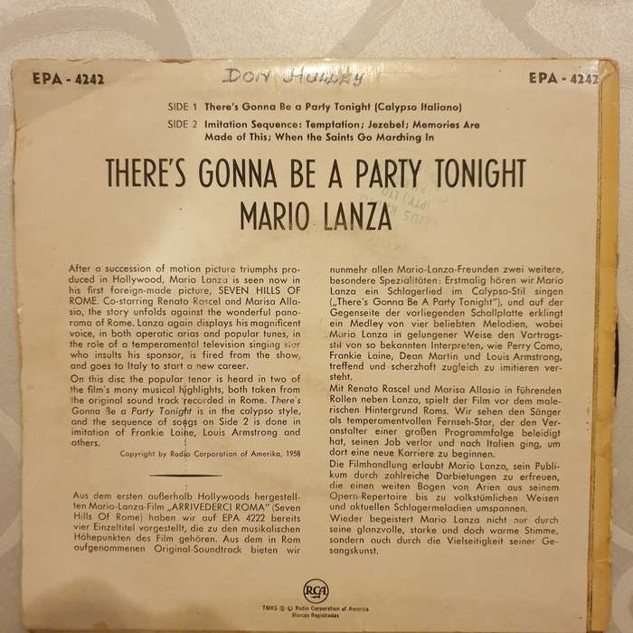 Mario Lanza  There's Gonna Be A Party Tonight - Vinyl 7" Record - Very-Good+ Quality (VG+)