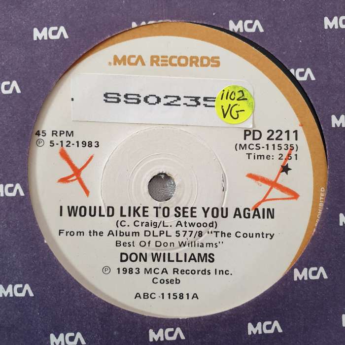 Don Williams  I Would Like To See You Again - Vinyl 7" Record - Opened  - Very-Good Quality...