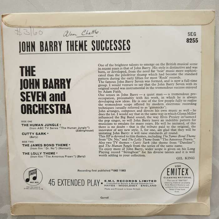 The John Barry Seven And Orchestra  John Barry Theme Successes - Vinyl 7" Record - Opened  ...