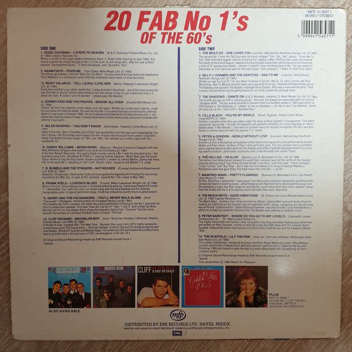 20 Fab No 1's of the 60's -  Original Artists - Vinyl LP Record - Opened  - Very-Good+ Quality (VG+)