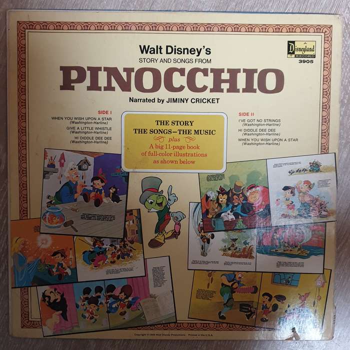 Walt Disney's Story And Songs From Pinocchio - Jiminy Cricket  Vinyl LP Record - Opened  - ...