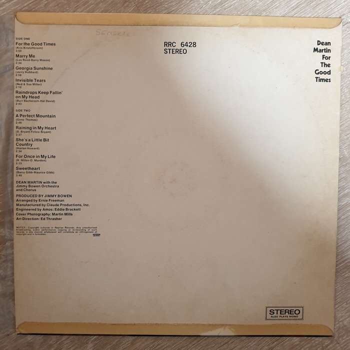 Dean Martin - For The Good Times -  Vinyl LP Record - Very-Good+ Quality (VG+)