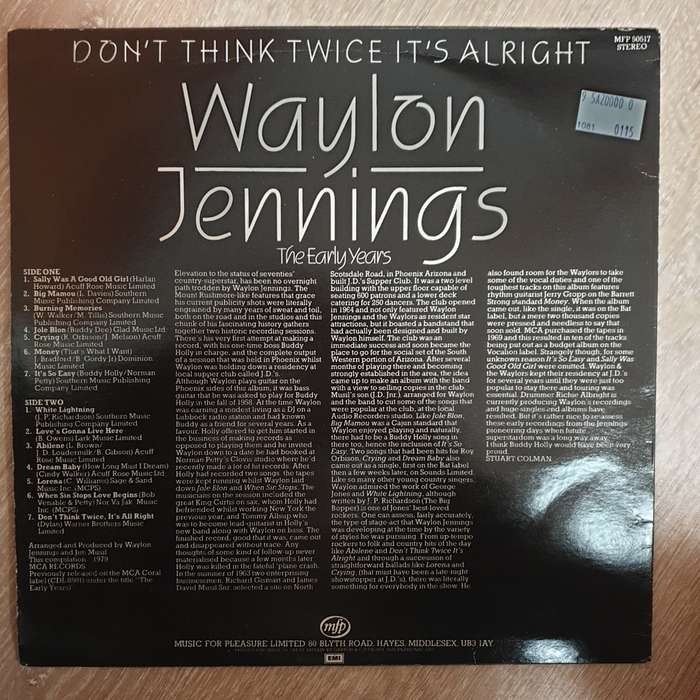 Waylon Jennings  Don't Think Twice -  Vinyl LP Record - Very-Good+ Quality (VG+)