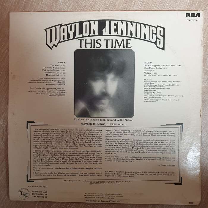 Waylon Jennings  This Time -  Vinyl LP Record - Very-Good+ Quality (VG+)