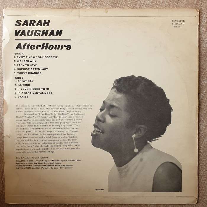 Sarah Vaughan  After Hours - Vinyl LP Record - Opened  - Very-Good Quality (VG)