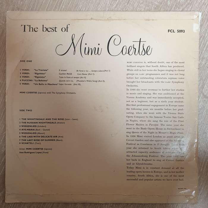 Mimi Coertse  The Best Of Mimi Coertse -  Vinyl LP Record - Very-Good+ Quality (VG+)