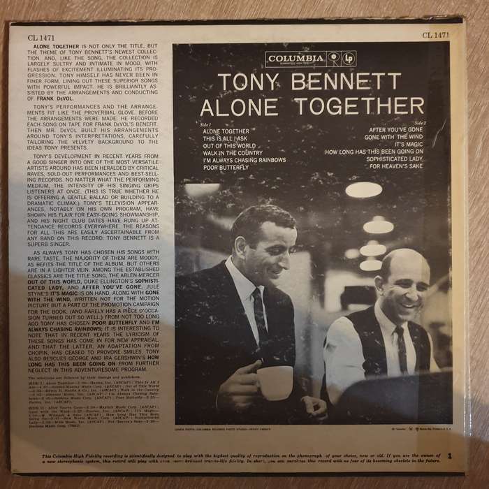 Tony Bennett  Alone Together - Vinyl LP Record - Very-Good+ Quality (VG+)
