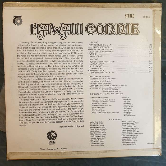 Connie Francis  Hawaii Connie   Vinyl LP Record - Very-Good+ Quality (VG+)