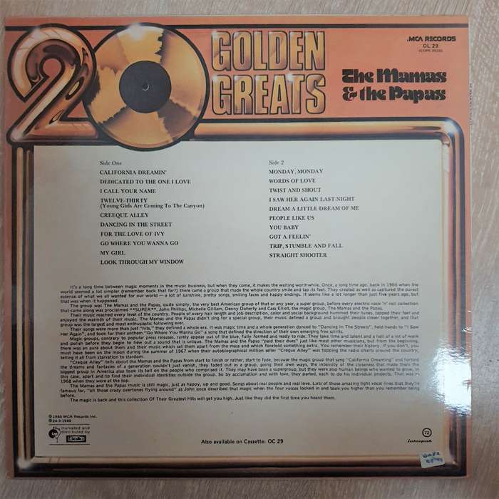 The Mamas & The Papas- 20 Golden Greats - Vinyl LP Record - Very-Good+ Quality (VG+)