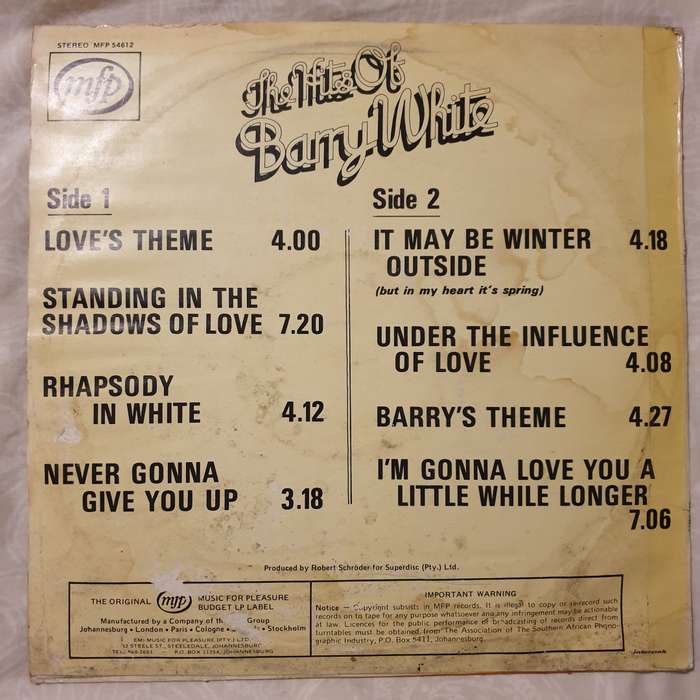 The Hits of Barry White - Robert Schroder Orchestra - Vinyl LP Record - Very-Good+ Quality (VG+)