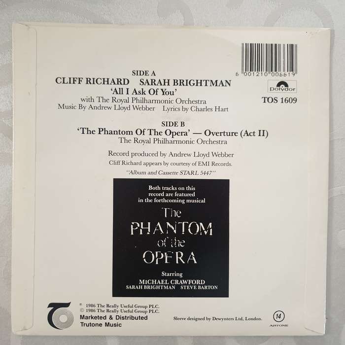 Cliff Richard, Sarah Brightman  All I Ask Of You - Vinyl 7" Record - Very-Good+ Quality (VG+)