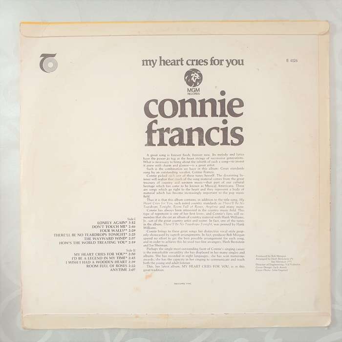 Connie Francis  My Heart Cries For You - Vinyl LP Record - Opened  - Very-Good- Quality (VG-)