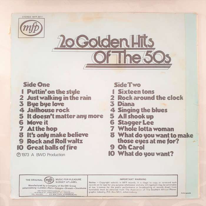 20 Golden Hits of the 50's - Vinyl LP Record - Very Good+ Quality (VG+)