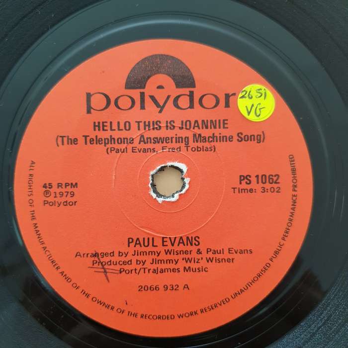 Paul Evans  Hello, This Is Joannie (The Telephone Answering Machine Song)  - Vinyl 7" Recor...