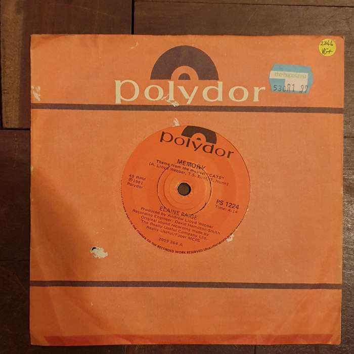 Elaine Paige  Memory - Vinyl 7" Record - Very-Good+ Quality (VG+)