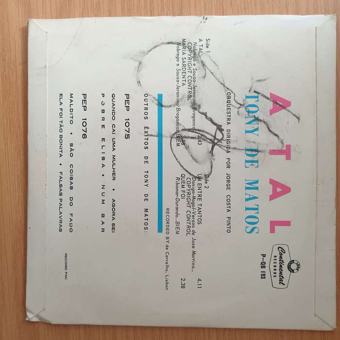 Tony De Matos  A Tal - Vinyl 7" Record - Very-Good+ Quality (VG+) (verygoodplus)