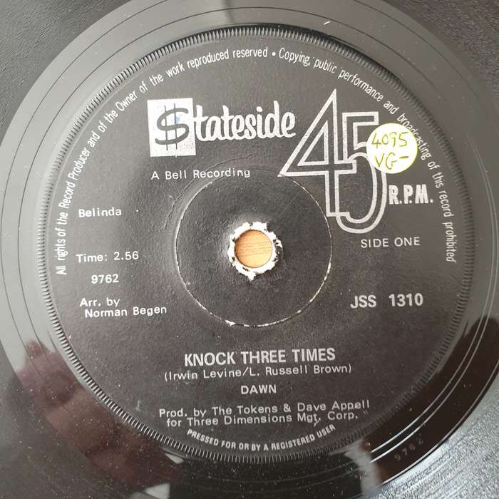 Dawn  Knock Three Times - Vinyl 7" Record - Very-Good Quality (VG-) (verygoodminus)