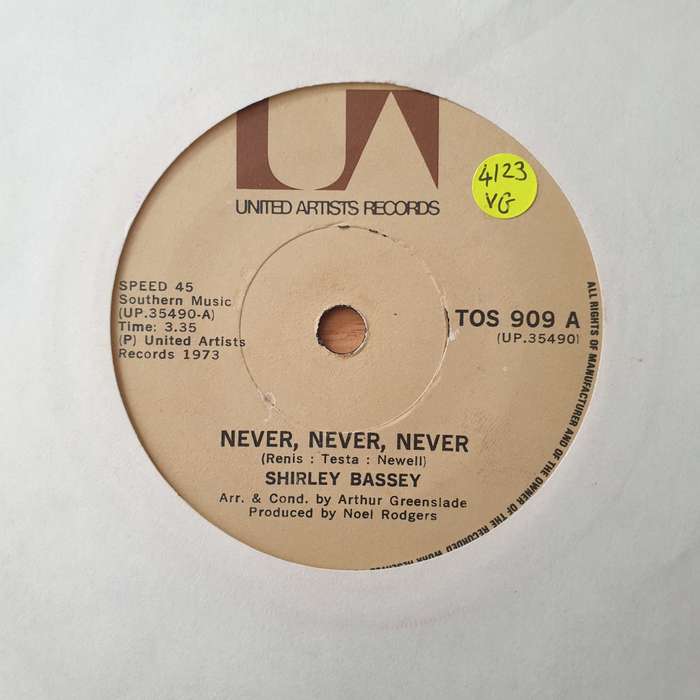 Shirley Bassey  Never, Never, Never - Vinyl 7" Record - Very-Good Quality (VG) (vgood)
