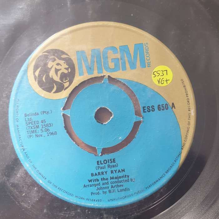 Barry Ryan  Eloise - Vinyl 7" Record - Very-Good+ Quality (VG+) (verygoodplus)