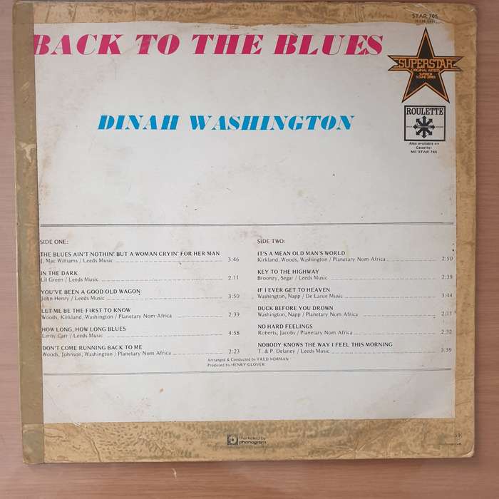 Dinah Washington  Back To The Blues - Vinyl LP Record - Very-Good Quality (VG) (vgood)