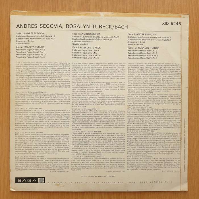 Segovia And Rosalyn Tureck Play Bach - Vinyl LP Record - Very-Good+ Quality (VG+)