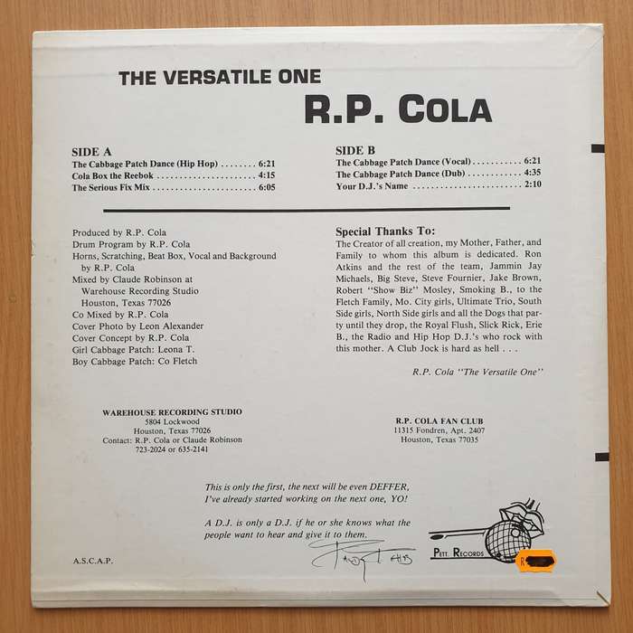 R.P. Cola The Versatile One  The Cabbage Patch Dance  Vinyl LP Record - Very-Good+ Quality ...