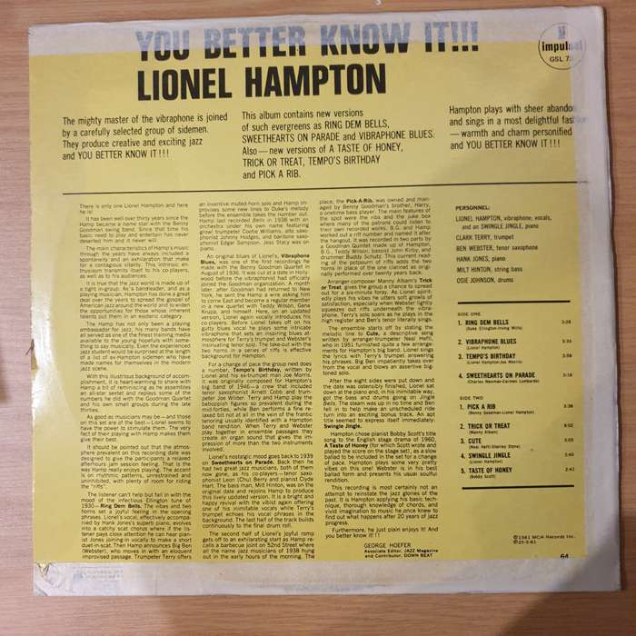 Lionel Hampton  You Better Know It!!! - Vinyl LP Record - Very-Good+ Quality (VG+)