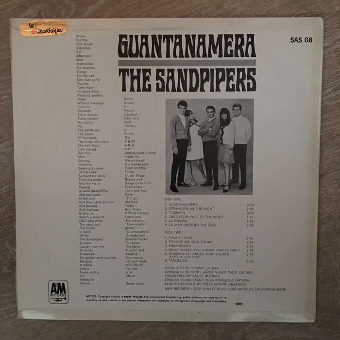 The Sandpipers  Guantanamera - Vinyl LP Record - Opened  - Very-Good+ Quality (VG+)
