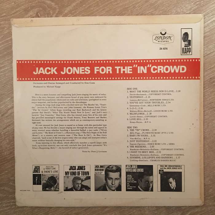 Jack Jones  For The "In" Crowd - Vinyl Opened  LP Record - Very-Good Quality (VG)