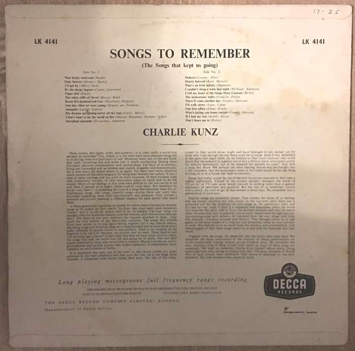 Charlie Kunz - Songs to Remember - Vinyl LP Record - Opened  - Very-Good Quality (VG)