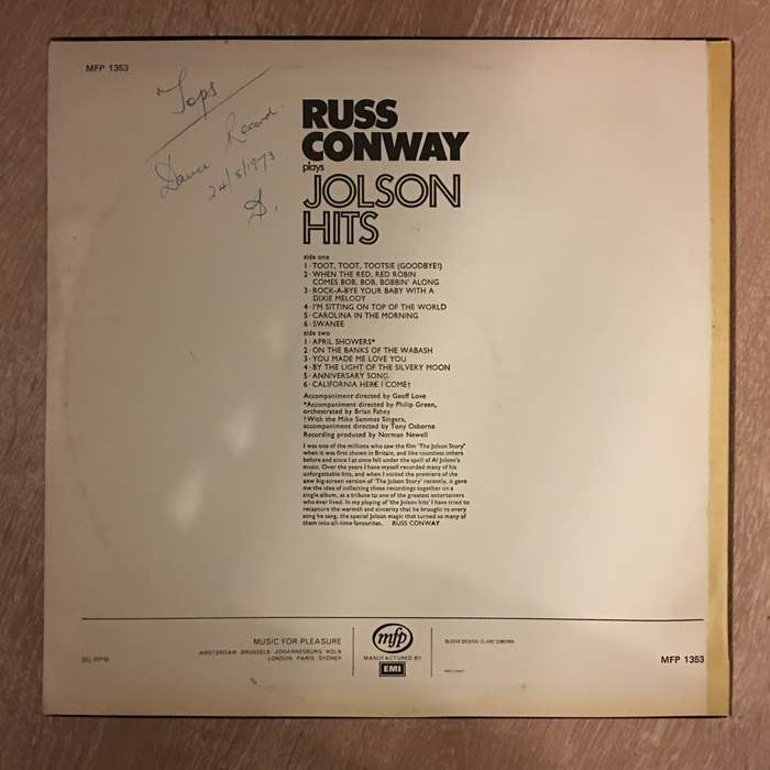 Russ Conway Plays Jolson Hits  - Vinyl LP Record - Opened  - Very-Good+ Quality (VG+)