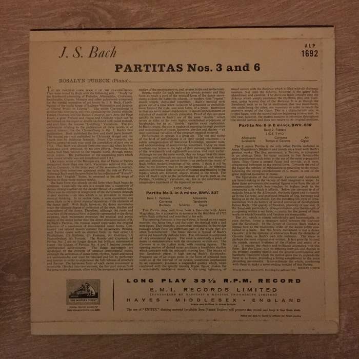 Johann Sebastian Bach, Rosalyn Tureck  Partitas Nos. 3 & 6 - Vinyl LP Record  - Very-Good+ ...