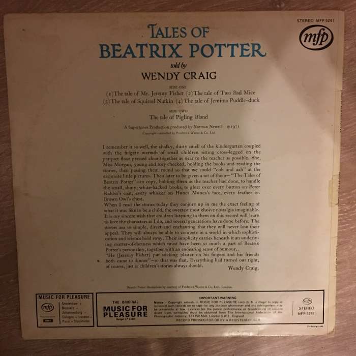Wendy Craig  Tales Of Beatrix Potter- Vinyl LP Record - Opened  - Very-Good+ Quality (VG+)