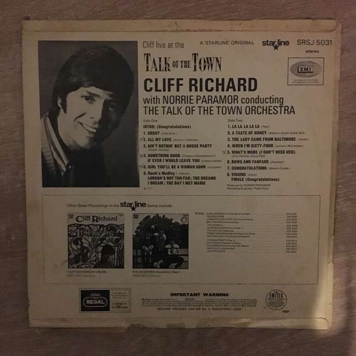 Cliff Richard - Live At The Talk Of The Town - Vinyl LP Record - Opened  - Very-Good- Quality (VG-)