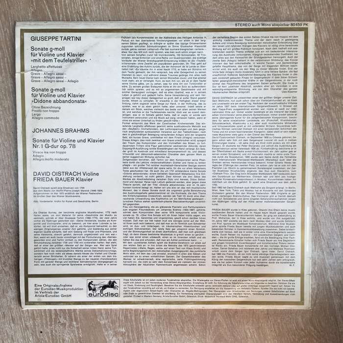 Oistrakh & Bauer -  Tartini & Brahms Violin Sonatas - Vinyl LP Record - Opened  - Good+ Quality (G+)