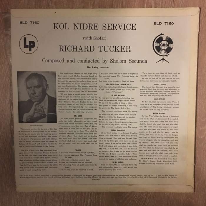 Richard Tucker  Kol Nidre Service - Vinyl LP Record - Opened  - Very-Good+ Quality (VG+)