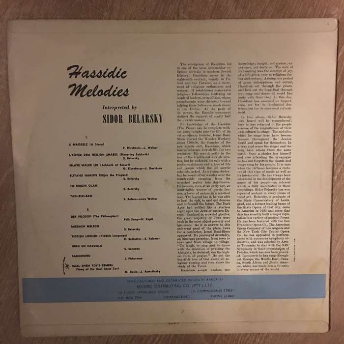 Hassidic Melodies Interpreted by Sidor Belarsky - Vinyl LP Record - Opened  - Very-Good Quality (VG)