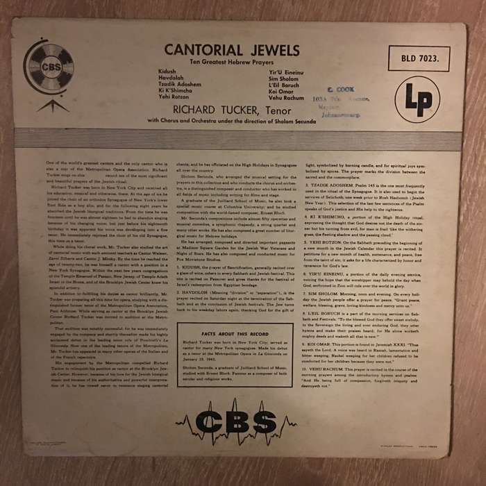 Richard Tucker  Cantorial Jewels - Ten Greatest Hebrew Prayers - Vinyl LP Record - Opened  ...