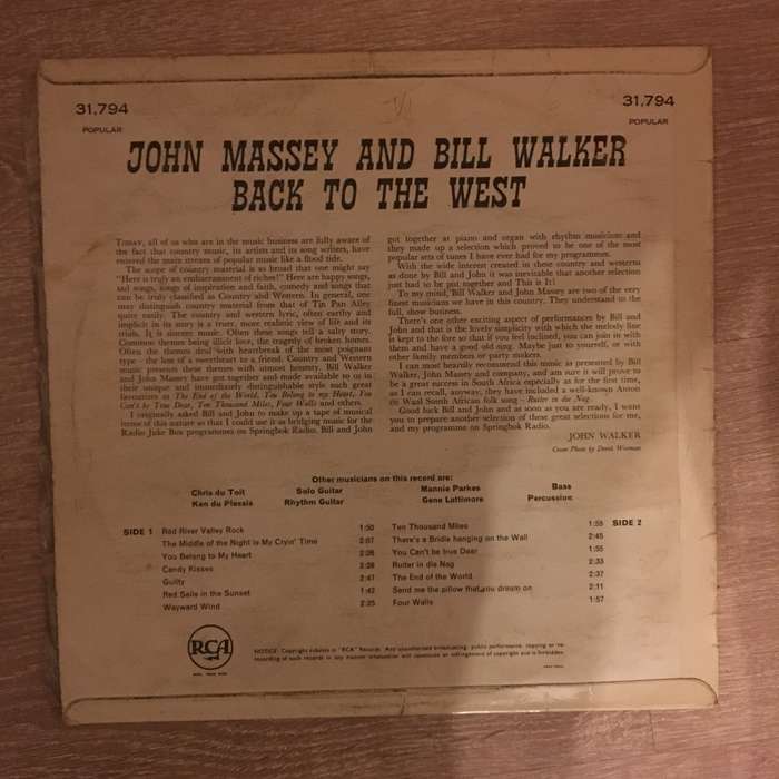 John Massey and Bill Walker - Back To The West -  Vinyl LP Record - Opened  - Good Quality (G)