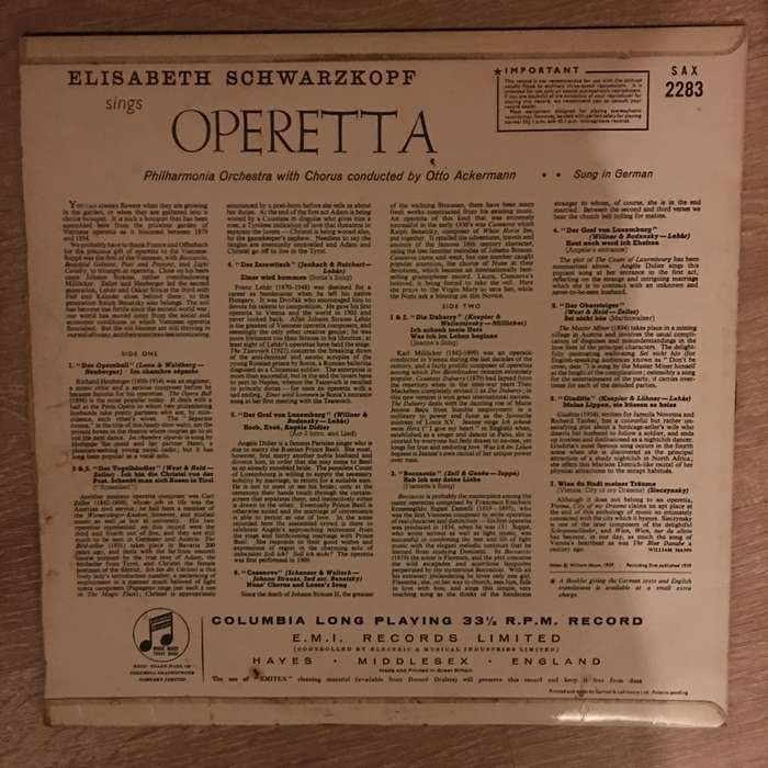 Elisabeth Schwarzkopf  Elisabeth Schwarzkopf Sings Operetta - Vinyl  Record - Opened  - Ver...