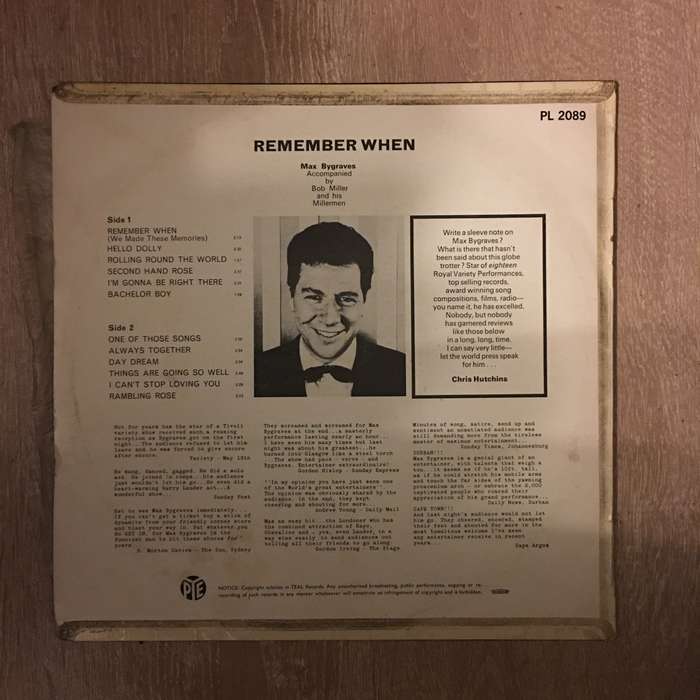 Max Bygraves - Remember When - Vinyl LP Record  - Very-Good+ Quality (VG+)